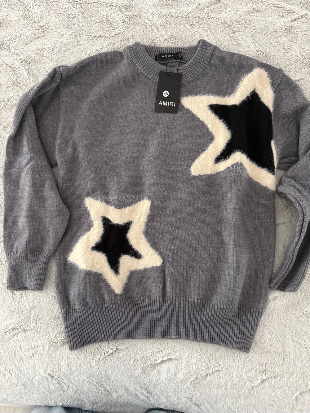 AM1RI Gray Crewneck Sweater with Black and Cream Star Motifs size medium